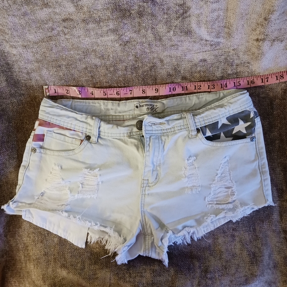 Harmony + Havoc Denim Shorts Stars and Stripes American Flag Junior 9 Distressed - Picture 4 of 8
